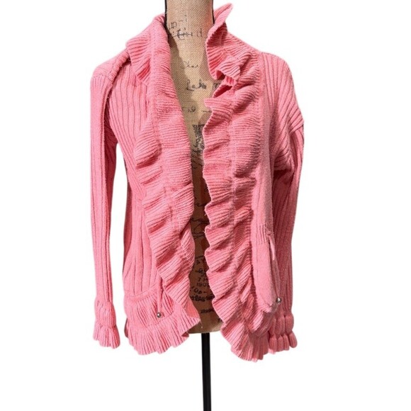 Jon & Anna Sweaters - Jon & Anna Cardigan Sweater Womens L Pink Ruffle Open Front Waist Tie